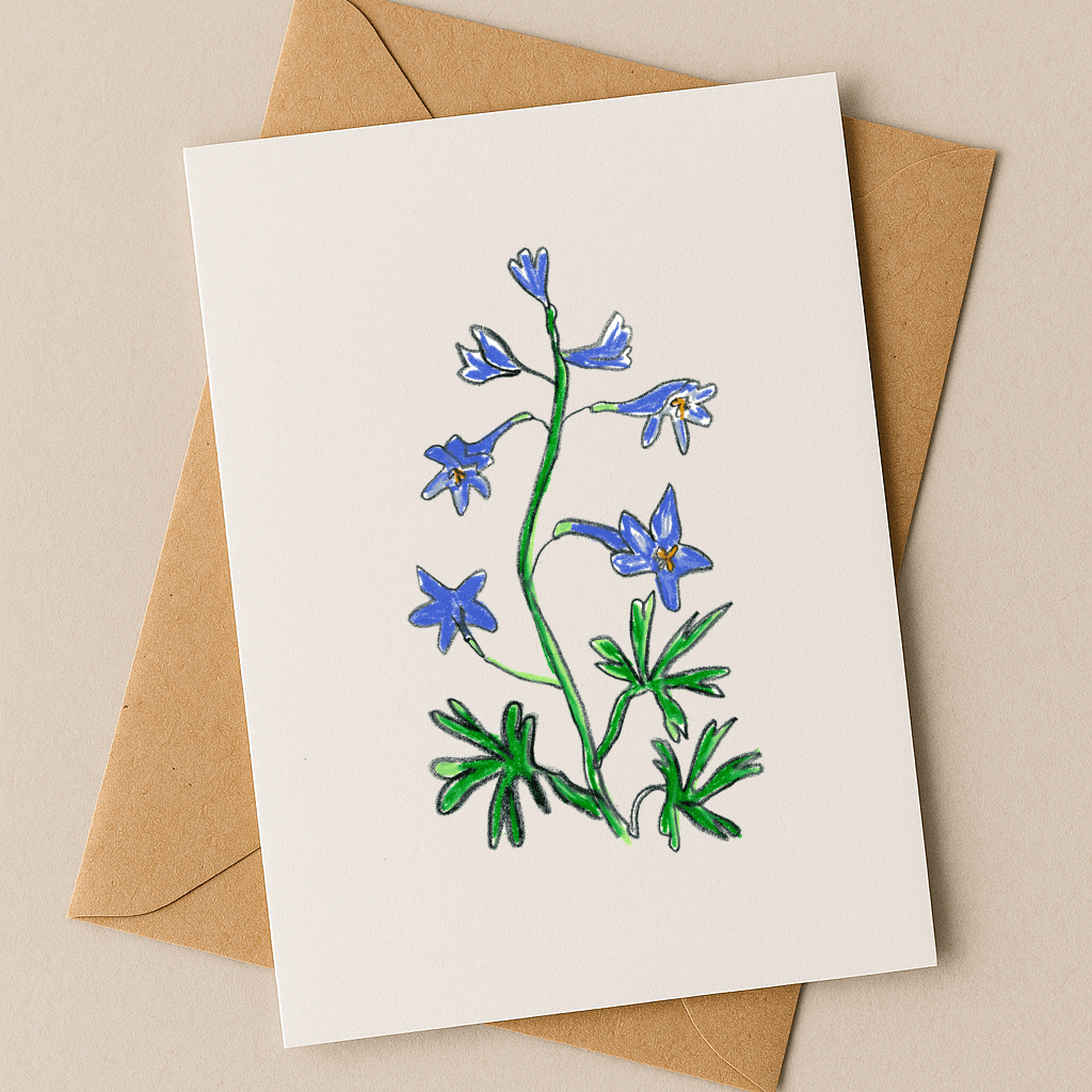 July Birth Flower Card – Delphinium (Recycled) - Greeting Card - Dancing with juniper