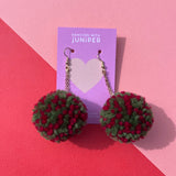 Christmas Pom Poms: Red and Green Speckle - earrings - Dancing with juniper