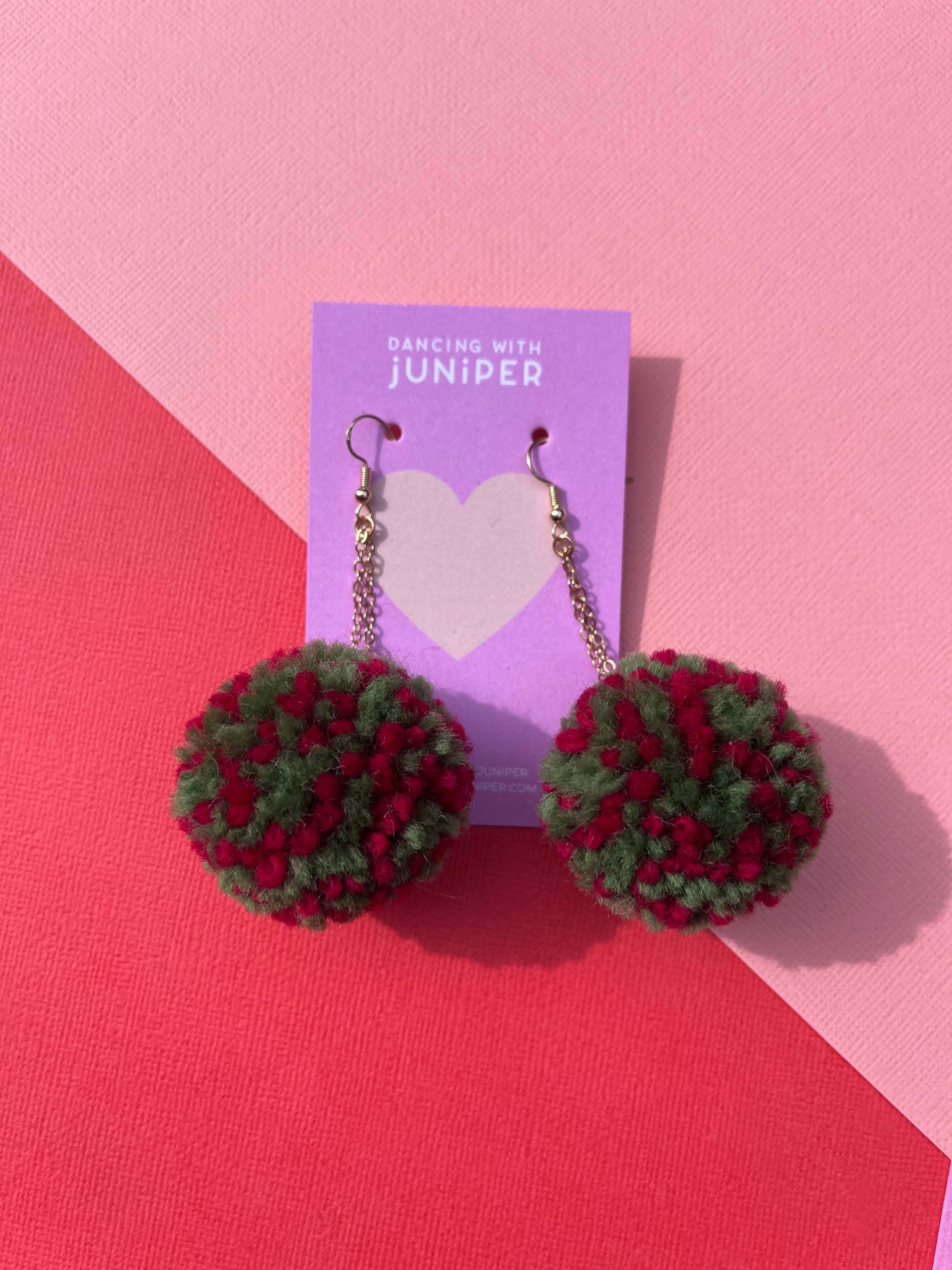 Christmas Pom Poms: Red and Green Speckle - earrings - Dancing with juniper